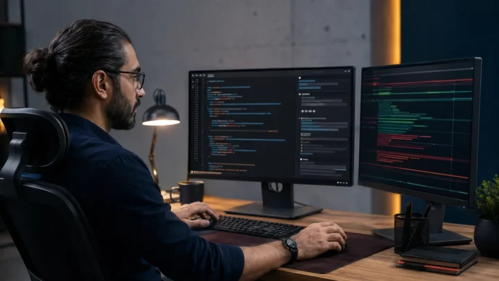 برنامه‌نویس ایرانی در حال کار با ادیتور کد هوشمند و بازبینی تغییرات