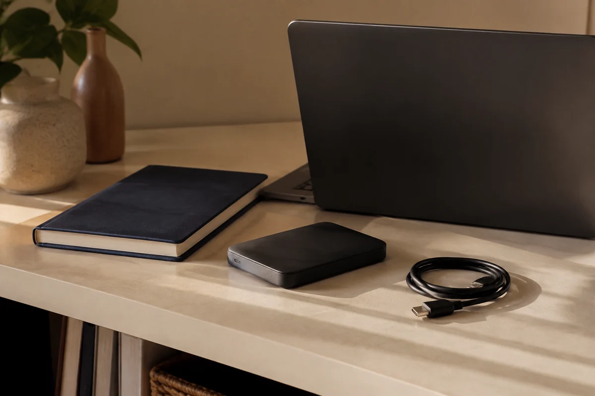 درایو ذخیره‌سازی و کابل جدا کنار دفتر بسته و لپ‌تاپ